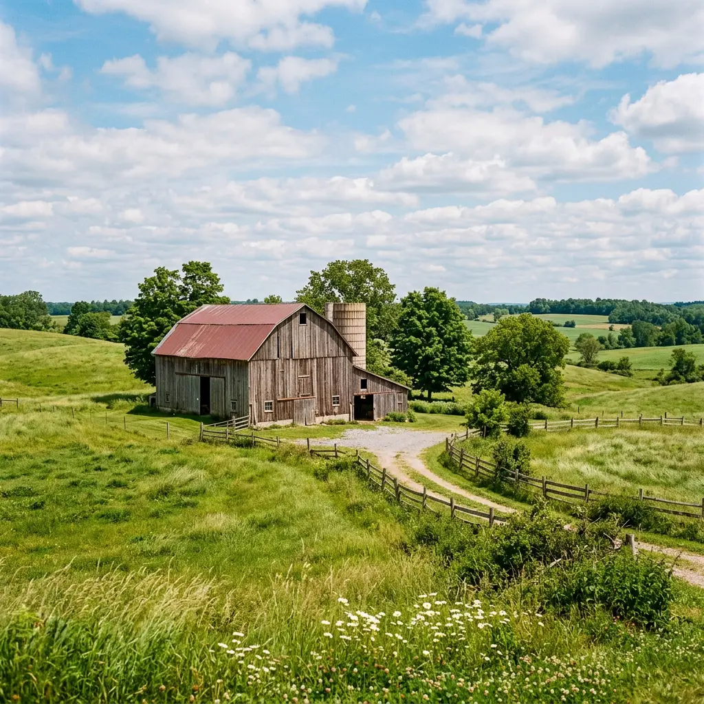 Rural Ontario countryside with weathered barn and rolling green fields